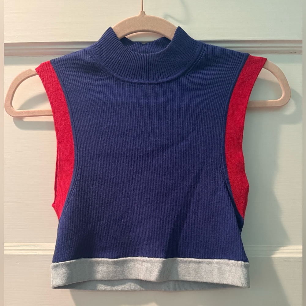 STAUD Sleeveless High Neck Ribbed Crop Top - Blue and Red